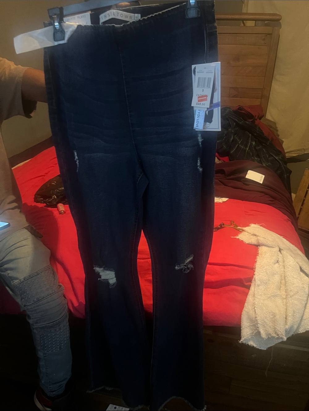 Tinseltown Dark Blue Distressed Flare Jeans